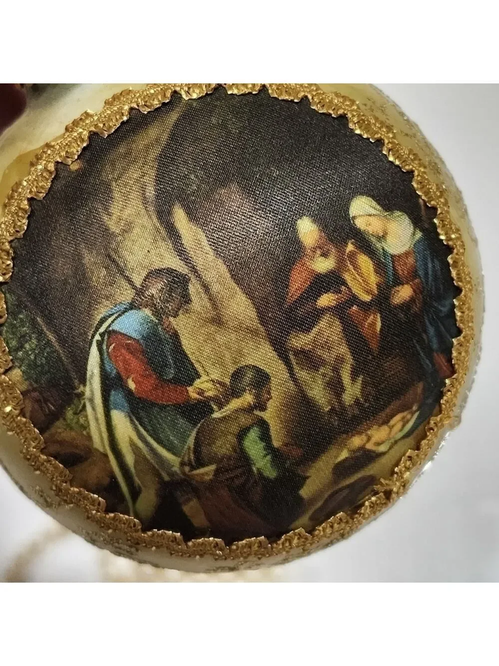 Vtg West Germany Silk Glass hand decorated Nativity ball Christmas ornament